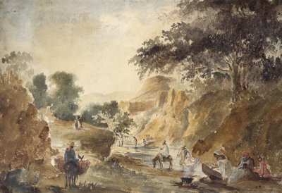 Landscape with figures by a river by Camille Jacob Pissarro